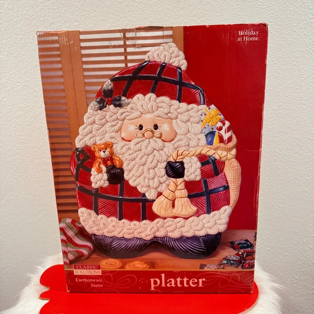 Vintage Santa Claus Plaid Christmas Platter – Holiday Serving Dish Ceramic Earth